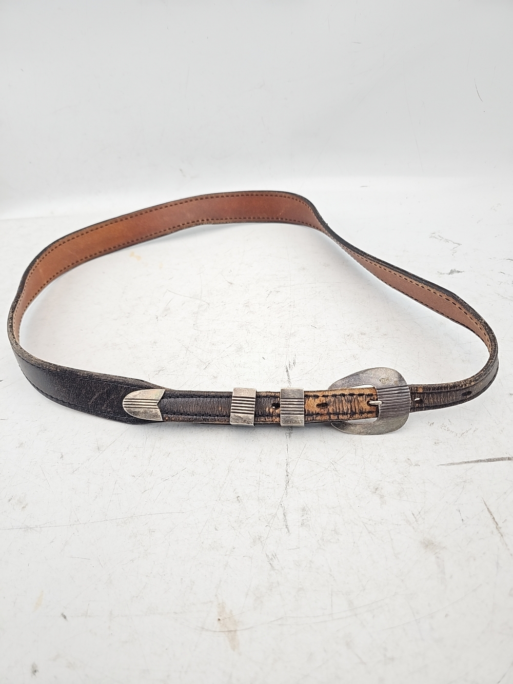 Vintage Western Leather Belt with Sterling Buckle